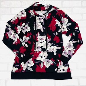 Lildy Super Soft Hoodie Womens Small Medium Black Red Floral Pullover Sweatshirt